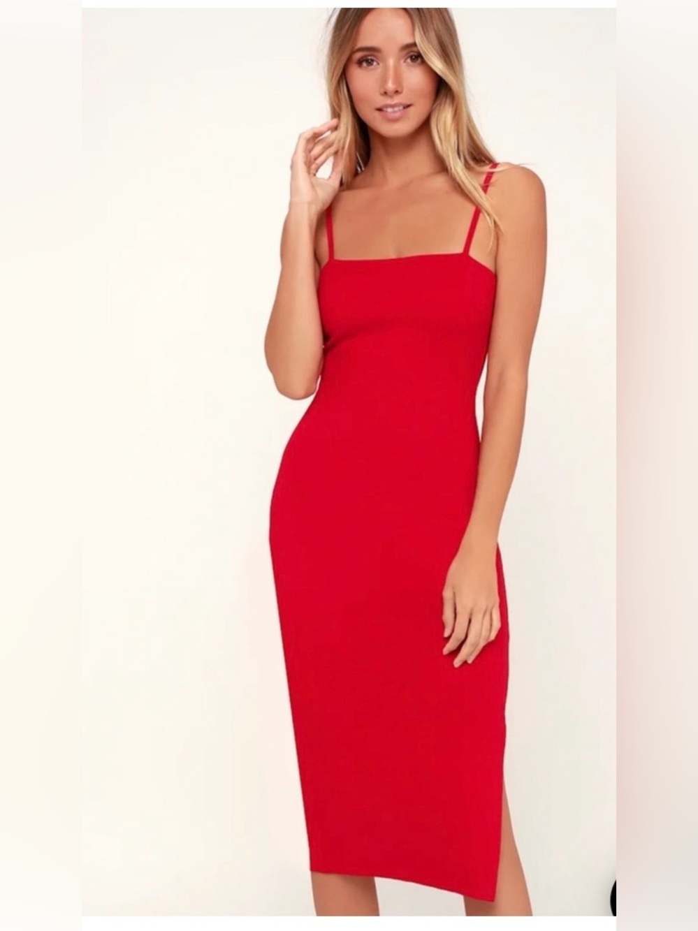 Lulu's Red Square-Neck Midi Bodycon Dress